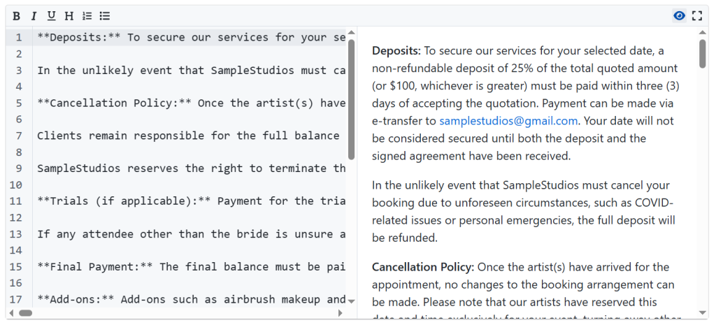 online form builder with e-signature - content editor screenshot
