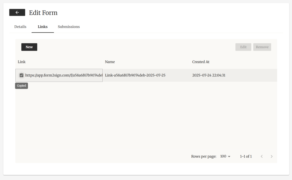 online form builder with e-signature - share links screenshot